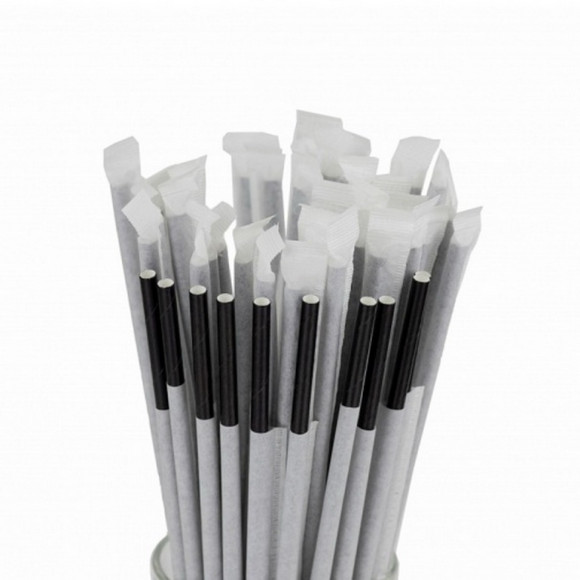 Трубочки для коктейля бумажные 20х0,6 см в индивидуальной упаковке, чёрные, 1000 штук/упак